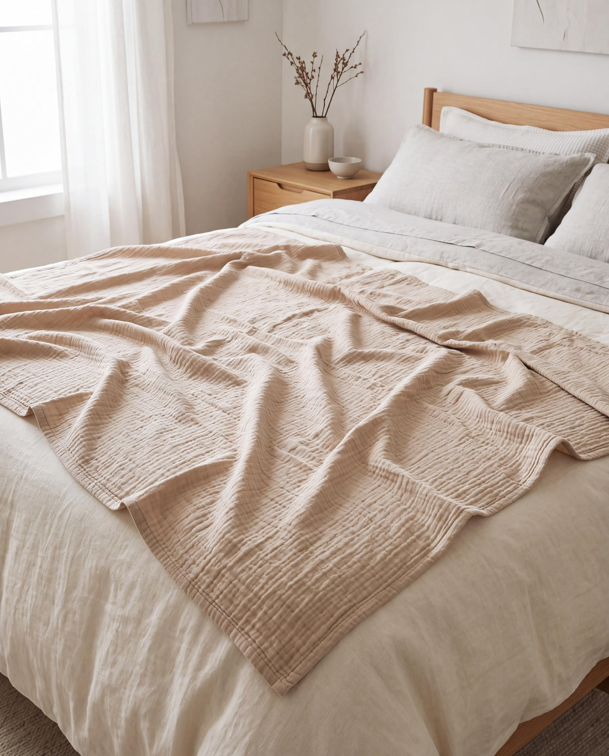 MUSSELO Musselin-Decke auf dem Bett – 900 Gramm auf 150 × 200 cm